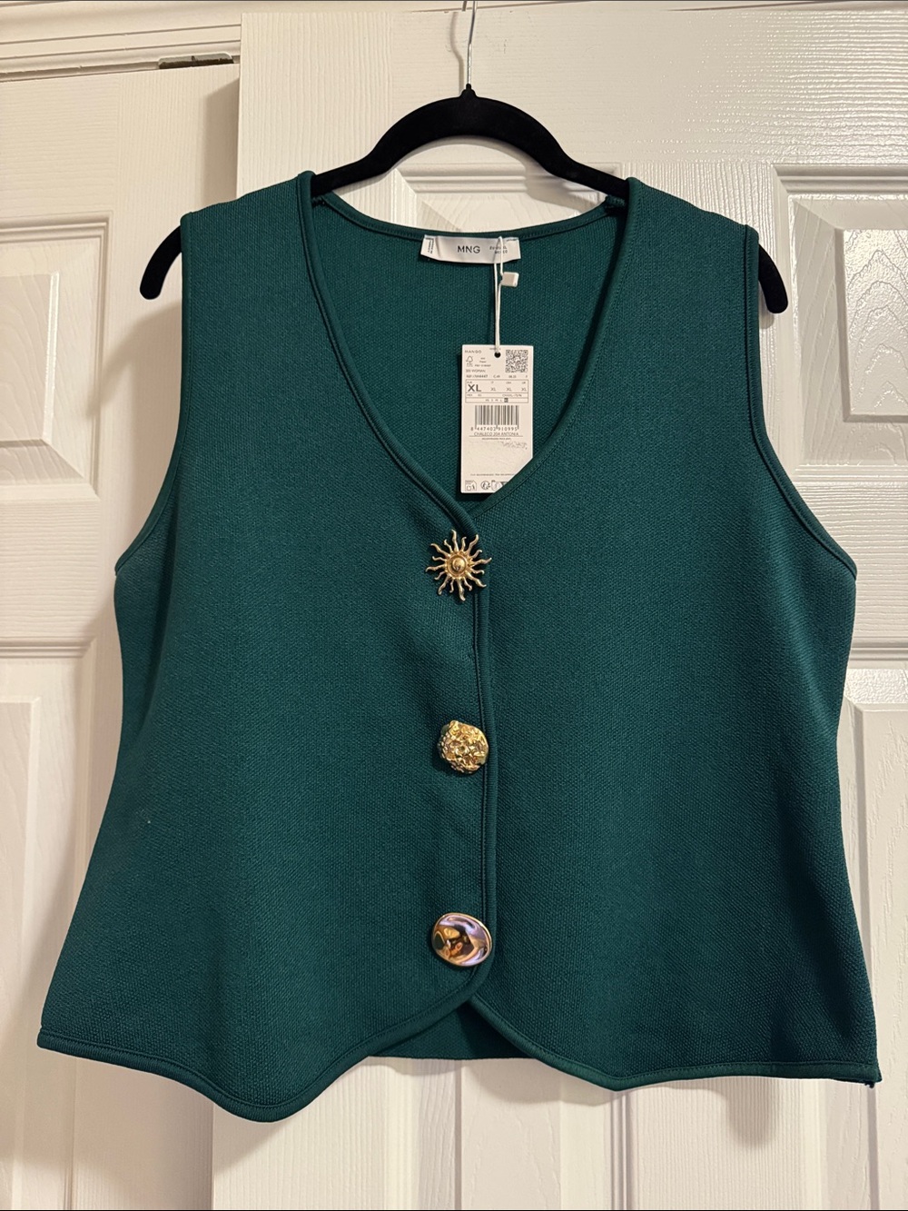 Mango Deep Teal V-Neck Button Front Sleeveless Top - Size XL New With Tags